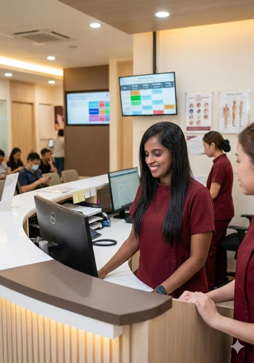 Dr. Ahila Dev managing clinic operations and patient flow at Magnum Clinic Dubai